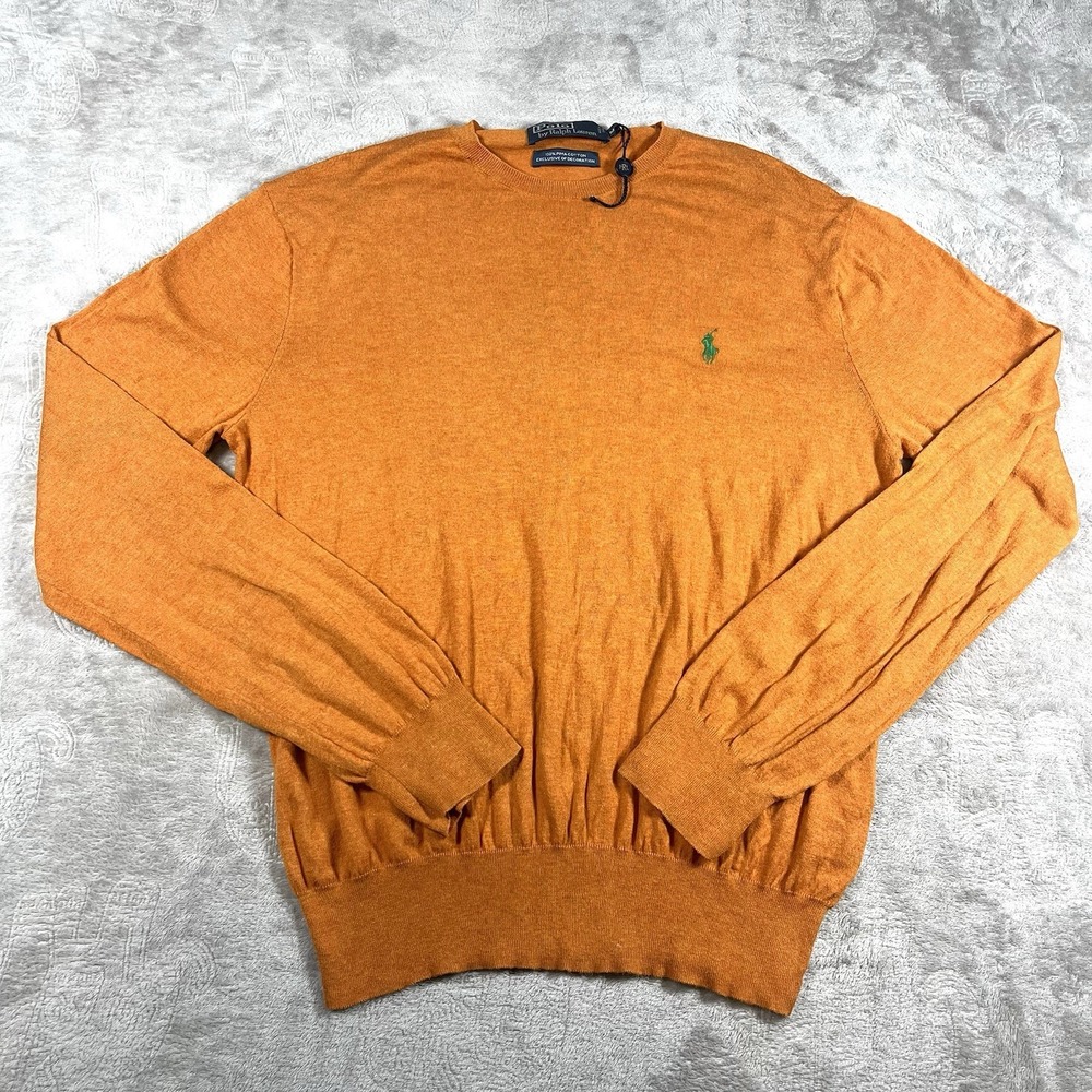 Polo Ralph Lauren Sweater Men's Med Orange Pima Cotton V-Neck Knit Pullover‎